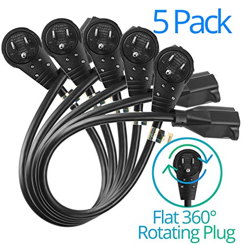 Product Cover Maximm Cable 6-Inch (0.5 Foot) 360° Rotating Flat Plug Extension Cord/Wire, 3 Prong Grounded Wire - 5 Pack - Black