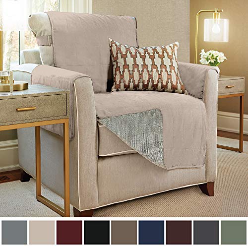Product Cover GORILLA GRIP Original Slip Resistant Chair Protector for Seat Width up to 23 Inch, Patent Pending Suede-Like Furniture Slipcover, 2 Inch Straps, Chairs Slip Cover Throw for Dogs, Pets, Armchair, Taupe