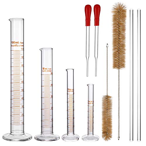 Product Cover Aozita Glass Graduated Cylinder Set - 100 ml 50 ml 10 ml 5 ml Measuring Cylinder Set with 2 Glass Stirring Rods, 2 Droppers and 2 Brushes - Thick 3.3 Borosilicate Glass & Lab Accuracy Standard