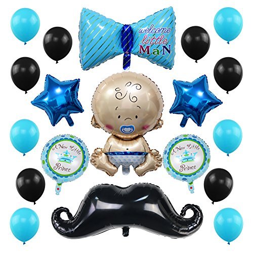 Product Cover 23 Pack Baby Shower Balloons Decoration, Welcome Baby Boy Party Decorations with Gentle Bow Tie Cute Little Man Mustache Blue Star Handsome Prince Balloons Blue and Black Boy Birthday Supplies