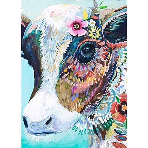 Product Cover DIY 5D Diamond Painting by Number Kits, Crystal Rhinestone Diamond Embroidery Paintings Pictures Arts Craft for Home Wall Decor, Full Drill, Colorful Cow