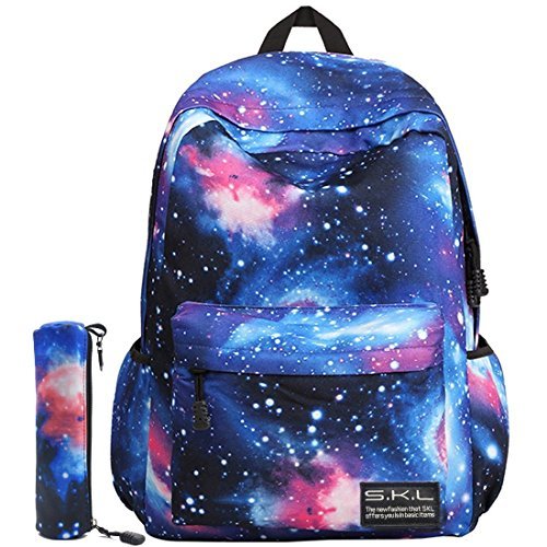 Product Cover Galaxy School Backpack, SKL School Bag Student Stylish Unisex Canvas Laptop Book Bag Rucksack Daypack for Teen Boys and Girls(Blue with Pencil Bag)