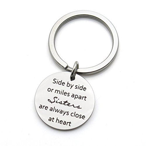 Product Cover Sisters Keychain Side by Side Or Miles Apart Sisters Close at Heart Friendship Gifts Stainless Steel Keychain Key Ring