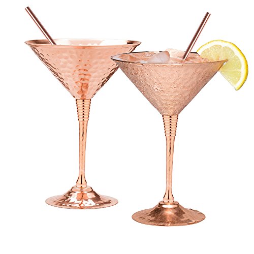 Product Cover Copper martini glasses set of 2 by Mosscoff - 9.5oz Hand hammered solid copper goblets with exquisite reinforcement ring. - Bonus pure copper straws - A gift set no one can resist.