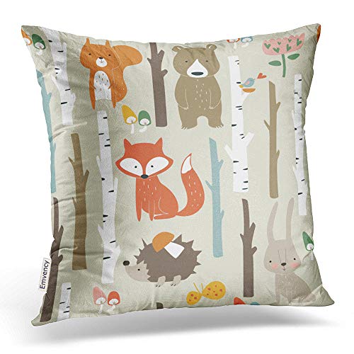 Product Cover Emvency Throw Pillow Covers Forest Cute Fox Bear Bunny Elk Hedgehog Birds Mushrooms Trees Decor Pillowcases Polyester 16 X 16 Inch Square Hidden Zipper Home Cushion Decorative Pillowcase