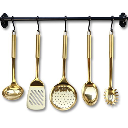 Product Cover Gold/Brass Cooking Utensils for Modern Cooking and Serving Kitchen Utensils -Stainless Steel Cooking Utensils 5 PCS-Gold Serving Spoon Gold Soup Ladle Pasta Serving Fork Spatula Kitchen Skimmer