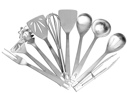 Product Cover Stainless Steel Cooking Utensils (10-Piece Set); Kitchen Tool Set w/Whisk, Slotted Spatula, Plain Spatula, Potato Masher, Tongs, Spoon, Slotted Spoon, Soup Ladle, Spaghetti Server & Fork
