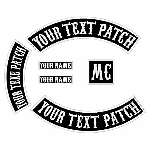 Product Cover 6 Pack Custom Embroidered MC Biker Patches, Personalized Embroidery Rocker Patch Rider Motorcycle Patches Back Name Patch Appliqued/Iron-on/Sew-on Veterans Jacket(Black Fabric+White Text+White Border)