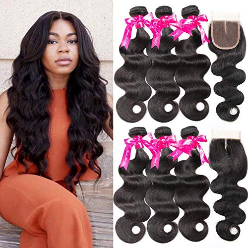 Product Cover Beauty Princess Brazilian Body Wave with Closure 8a Unprocessed Brazilian Virgin Hair 3 Bundles with Middle Part Closure Natural Black Human Hair Bundles With Closure(22 24 26 with 20inch)