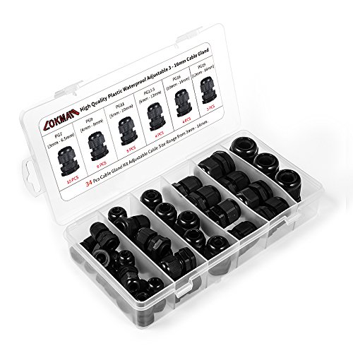 Product Cover Cable Gland -LOKMAN 34 Pack Plastic Waterproof Adjustable 3-16mm Cable Connectors Cable Gland Joints With Gaskets, PG7, PG9, PG11, PG13.5, PG16,PG19 With Durable PP Storage Case (Cable gland kit)