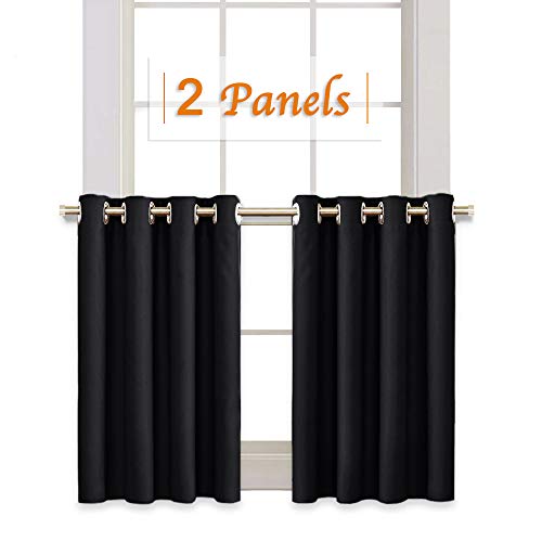 Product Cover RYB HOME Half Window Kitchen Curtains Valances, Grommet Top Bedroom Blackout Window Treatment Tiers Short Curtains Energy Saving Drapes for Bedroom, 52 Width by 36 Length, Black, Set of 2