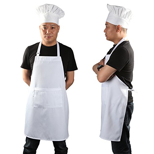 Product Cover Chef Apron Set, Chef Hat and Kitchen Apron Adult Adjustable White Apron with Butcher Hat Baker Costume Kitchen Pocket Apron for Men and Women, 1 Set (33