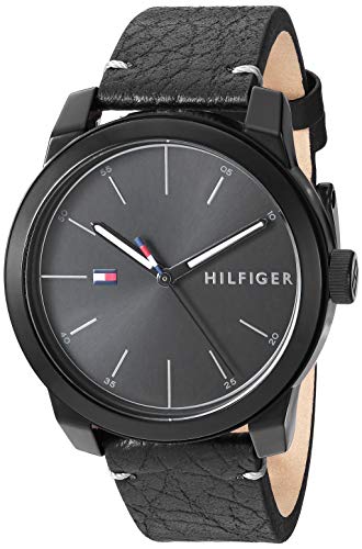 Product Cover Tommy Hilfiger Men's Quartz Watch with Leather Calfskin Strap, Black, 19.5 (Model: 1791384)