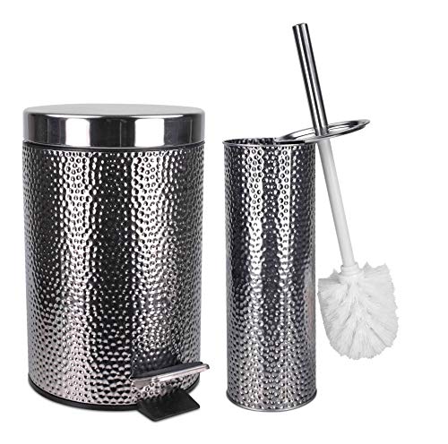 Product Cover Elaine Karen Deluxe 2 pc Toilet Brush and Garbage Can Set - Hammered Stainless Steel