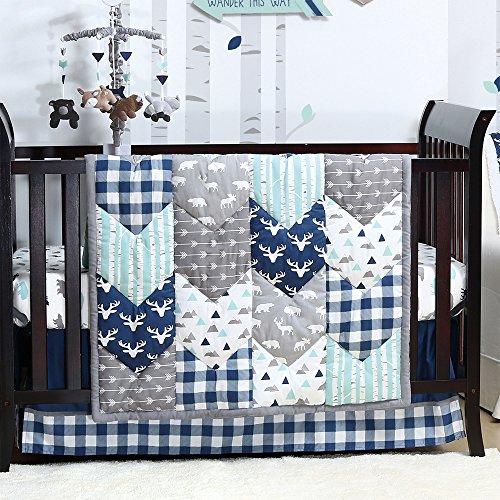 Product Cover Woodland Trail 5 Piece Forest Animal Theme Patchwork Baby Boy Crib Bedding Set - Navy Blue Plaid