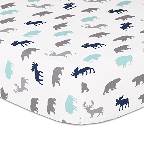 Product Cover Woodland Trail Animal Silhouette Navy Aqua Grey Forest Theme Fitted Crib Sheet