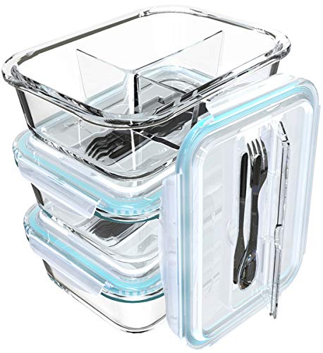 Product Cover Glass Meal Prep Containers 3 Compartment - Bento Box Glass Lunch Containers - Meal Prep Glass Container - Food Storage Containers with Lids - Portion Control Food Containers Glass(3-Pack,36 OZ)