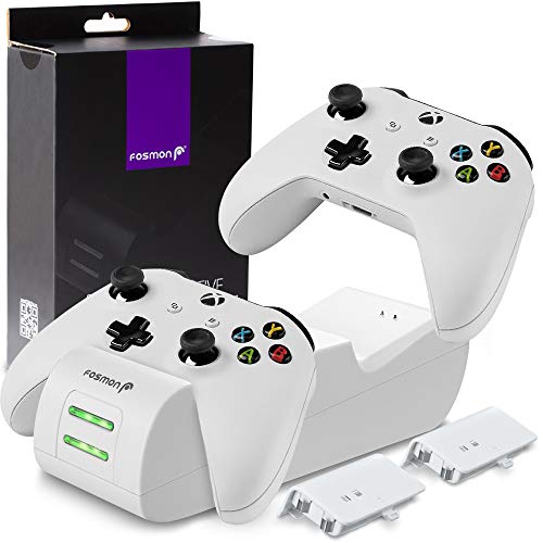 Product Cover Fosmon Xbox One/One X/One S Controller Charger, [Dual Slot] High Speed Docking/Charging Station with 2 x 1000mAh Rechargeable Battery Packs (Standard and Elite Compatible) - White