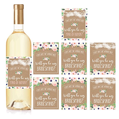 Product Cover Kraft Floral Will You Be My Bridesmaid Stickers or Wine Bottle Labels, Bridal Party Favors, Maid of Honor Proposal Ideas, Ask Your Bridesmaids To Be in Wedding Gifts, I Can't Say I Do Without You