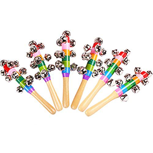 Product Cover 6 Pcs Vivid Color Rainbow Handle Wooden Bells Jingle Stick Shaker Rattle Baby Kids Children Musical Toys