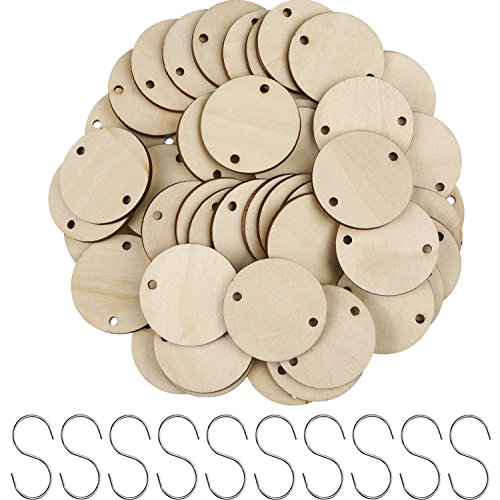 Product Cover Bememo 100 Pieces 1.5 Inch Wooden Round Tag with Hole and 50 Pieces Stainless Steel S Shaped Hooks for Family Board Chore DIY