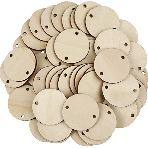 Product Cover Bememo 100 Pieces Circle Wooden Tags Birthday Board Tags with 2 Holes for Birthday Board Chore Board DIY Crafts, 1.5 Inches