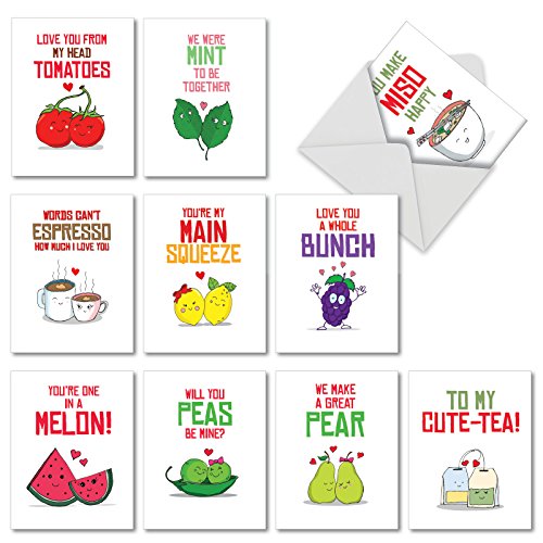 Product Cover 10 Food Pun Note Cards for All Occasions with Envelopes, 'Romantic Yummy Puns' Assorted Stationery Set, Blank Greeting Cards for Birthdays, Weddings, Thank Yous - NobleWorks M5659OCB-B1x10
