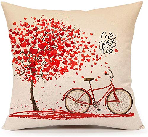 Product Cover 4TH Emotion Valentine's Day Throw Pillow Case Cushion Cover Cotton Linen 18 x 18 Inch Red Tree and Love Bicycle Home Decoration(Sweet Heart)
