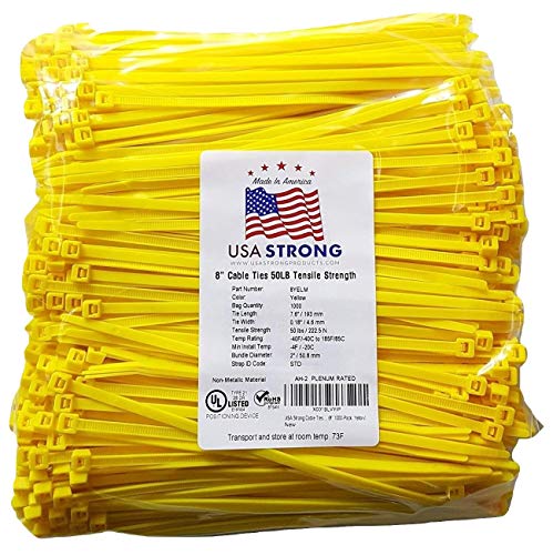 Product Cover Cable Ties. Standard Duty 7.6 Inch Premium Nylon Wire Management Zip-Ties. 50 LB Tensile Strength USA Strong Cable Ties (1000 Pack, Yellow)