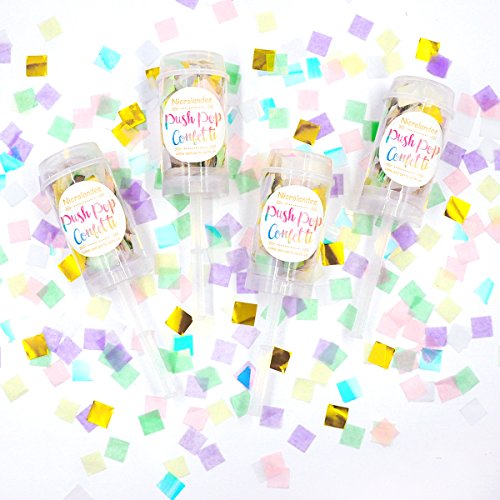 Product Cover NICROLANDEE Iridescent Push Pop Confetti Wedding Confetti Poppers Unicorn Party Confetti for Mermaid Baby Shower Gender Reveal Bridal Shower Kids Birthday Party Supplies Set of 4 Gift Box