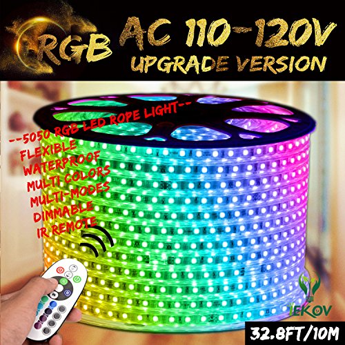 Product Cover RGB LED Strip Light, IEKOVTM AC 110-120V Flexible/Waterproof/Multi Colors/Multi-Modes function/Dimmable SMD5050 LED Rope Light with Remote for Home/Office/Building Decoration (32.8ft/10m)