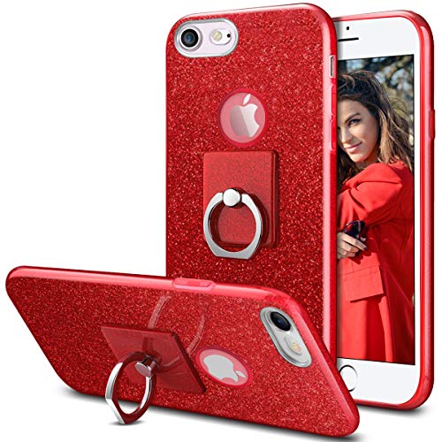 Product Cover HoneyAKE Case for iPhone 8 Case Glitter Bling Sparkle Cute Girls Women Protective Soft Cover Ultra Thin Slim Fit Luxury Shining Triple Layer Shockproof Phone Case for iPhone 8 4.7 inches, Red