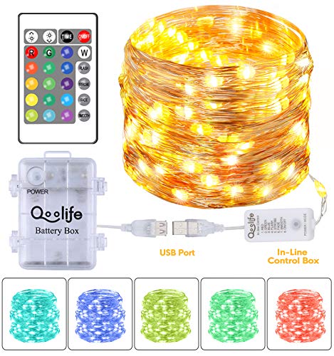 Product Cover Fairy Lights Plug in Starry String Lights with Waterproof Battery Box- Qoolife Color Changing Firefly Lights USB Charged Copper Wire Lights for Indoor Outdoor Party Bedroom Wedding 16.4FT 50 LEDs