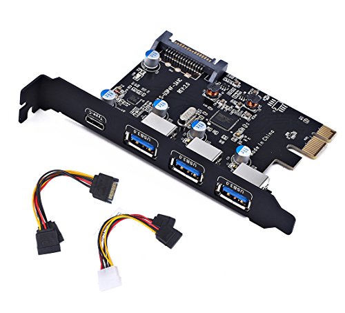 Product Cover PCI-E to USB 3.0 Type C +3 Type A Expansion Card - Interface USB 3.0 4-Port Express Card Desktop with 15 pin SATA Power Connector [ Include with A 4pin to 2x15pin Cable + A 15pin to 2X 15pin SATA Y-C