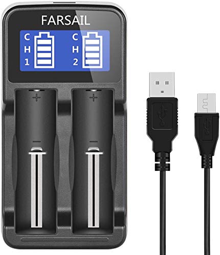 Product Cover 18650 Battery Charger, FARSAIL Rechargeable Battery Charger Compatible with 3.7V Lithium ion 18650 18350 18500 RCR123A 18490 17670 17500 and NiMH/NiCd AA AAA Rechargeable Batteries
