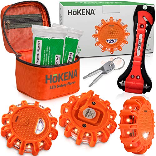 Product Cover HOKENA LED Road Flares Emergency Lights - Roadside Warning Car Safety Flare Kit for Vehicles & Boat | 3 Beacon Disc Pack with Tools for Easy Battery Replacement & Bonus Seatbelt Cutter