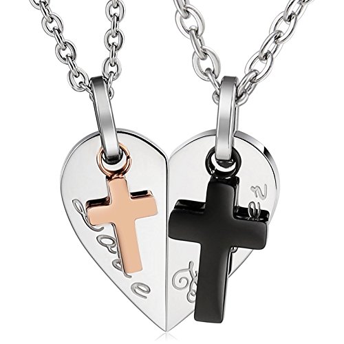 Product Cover Aeici His and Hers Matching Set Stainless Steel Half Heart Pendant with Cross Puzzle Necklaces