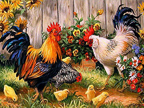 Product Cover AIRDEA DIY 5D Diamond Painting by Number Kit, Full Drill Rooster Hen Chicks Embroidery Cross Stitch Arts Craft Canvas Wall Decor