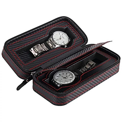Product Cover Black Zippered Watches Box Travel Case - Watch Storage Organizer Collection - Top Grade Carbon Fibre PU Leather (2-Slot)