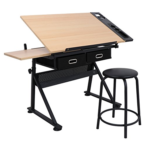 Product Cover ZENY Height Adjustable Drafting Draft Desk Drawing Table Desk Tiltable Tabletop w/Stool and Storage Drawer for Reading, Writing Art Craft Work Station