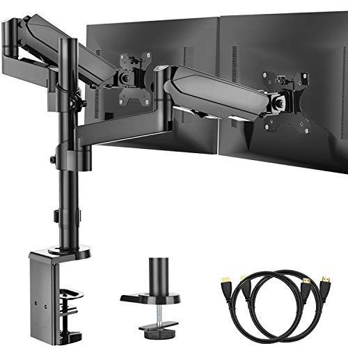 Product Cover Dual Arm Monitor Stand, Full Motion Adjustable Gas Spring Monitor Mount Riser with C Clamp/Grommet Base for Two 17 to 32 inch LCD Computer Screens, Each Arm Holds up to 17.6lbs, Bonus HDMI Cable