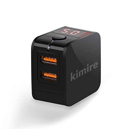 Product Cover Wall Charger Kimire Digital Travel Charger 2.4A Dual USB Port Charge Power Adapter with LED Display,IC Smart Explosion Protection and Foldable Plug,for iPhone,Android,Power Bank and More (Black)