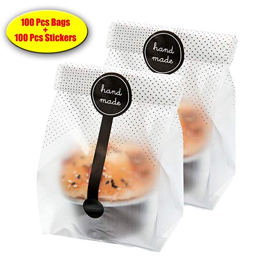 Product Cover (200Pcs)100pcs Translucent Plastic Bags/Cellophane Bags with 100pcs Hand made Stickers for Cookie,Cake,Chocolate,Candy,Snack Wrapping Good for Bakery Party Supplies