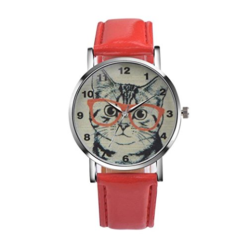 Product Cover Women's Watch,Balakie Ladies Cute Cat Pattern Watch Faux Leather Band Analog Quartz Vogue Wrist Watch (Red, NA)