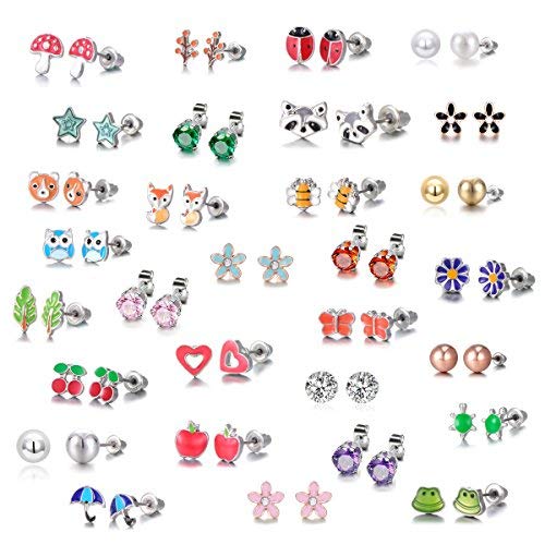 Product Cover 30 Pairs Stainless Steel Mixed Color Cute Animals Fox Heart Star Ladybug Bee Frog Mushroom Tree Daisy Umbrella Rose Gold White Pearl CZ Jewelry Stud Earrings Set (animal tree pearl)