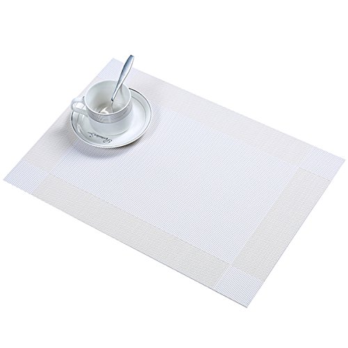 Product Cover 6 PCS Washable Waterproof Heat Insulation PVC Dining Room Placemats, Classic Woven Vinyl Table Mats Heat-resistant Non-Slip Insulation Table Runner For Kitchen Dining Table Decoration (White 6 Pcs)