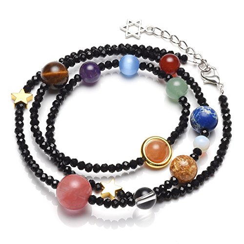 Product Cover CrystalTears Solar System Bracelet/Necklace Universe Galaxy The Nine Planets Guardian Star Healing Jewelry-Black Facted Beads