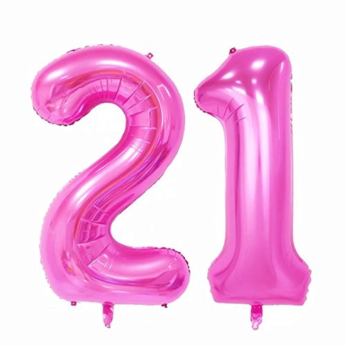 Product Cover KEYYOOMY 40 in Large Number 21 Balloons Pink Jumbo Foil Mylar Number Balloons for 21 Birthday Party Adult Ceremony Anniversary Celebrate Parties Decorations (Number 21 or Number 21, Pink Color)