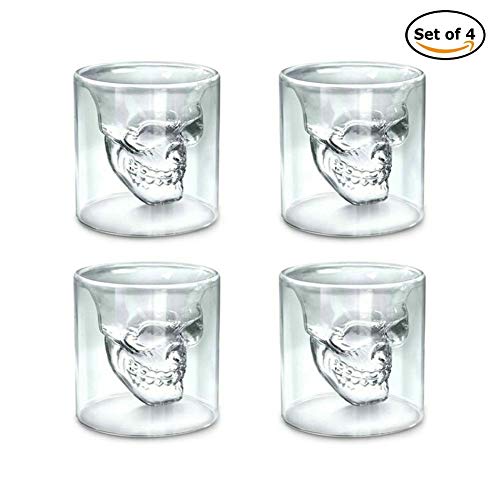 Product Cover GuDoQi 2.5OZ Skull Glass Cup Double Wall Crystal Skull Shot Glasses Cocktail Mug Beer Wine Glasses Set of 4