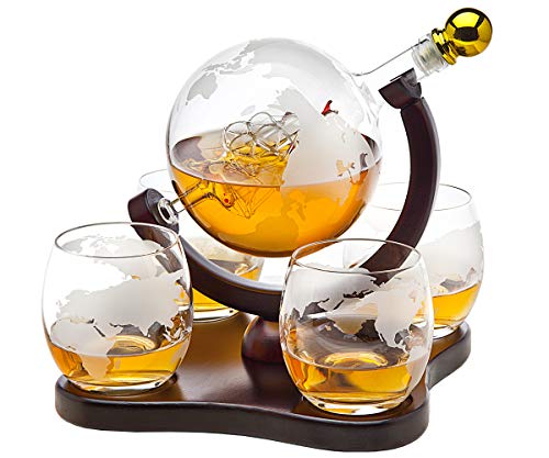 Product Cover Whiskey Decanter Globe Set with 4 Etched Globe Whisky Glasses - for Liquor, Scotch, Bourbon, Vodka - 850ml